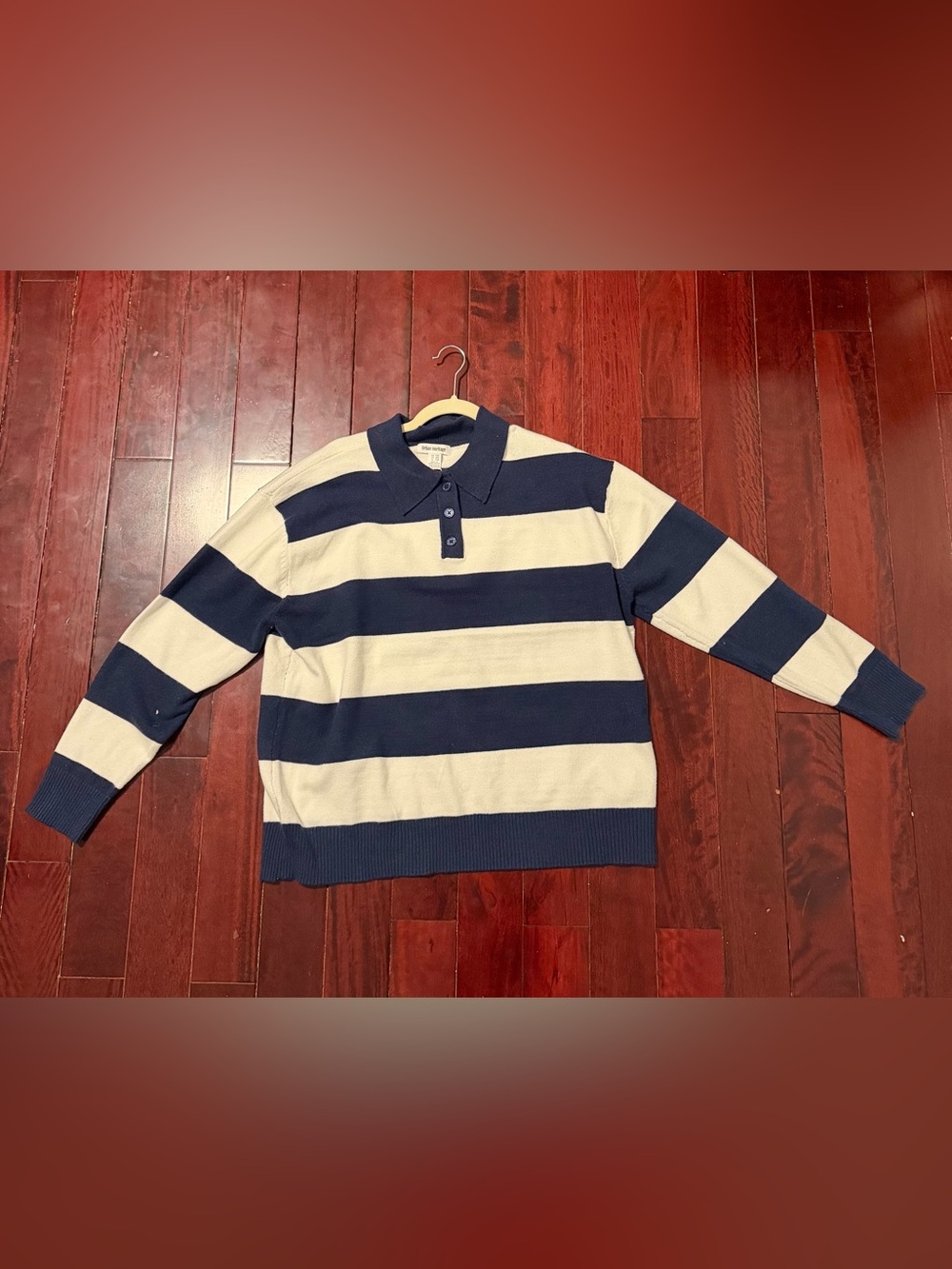 Navy & Cream Striped Polo Sweater - Woman Size S/M